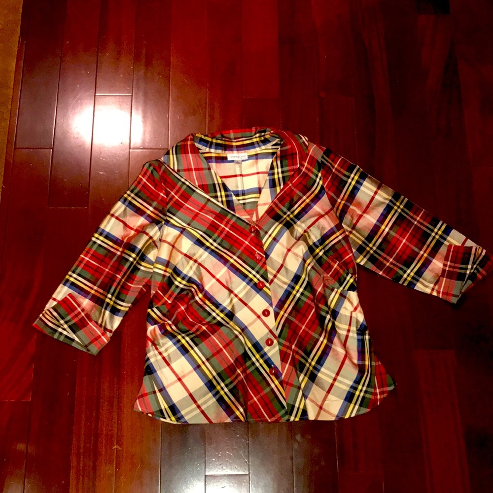 Woman’s Silk Blouse Plaid Collared Shirt Sz XL